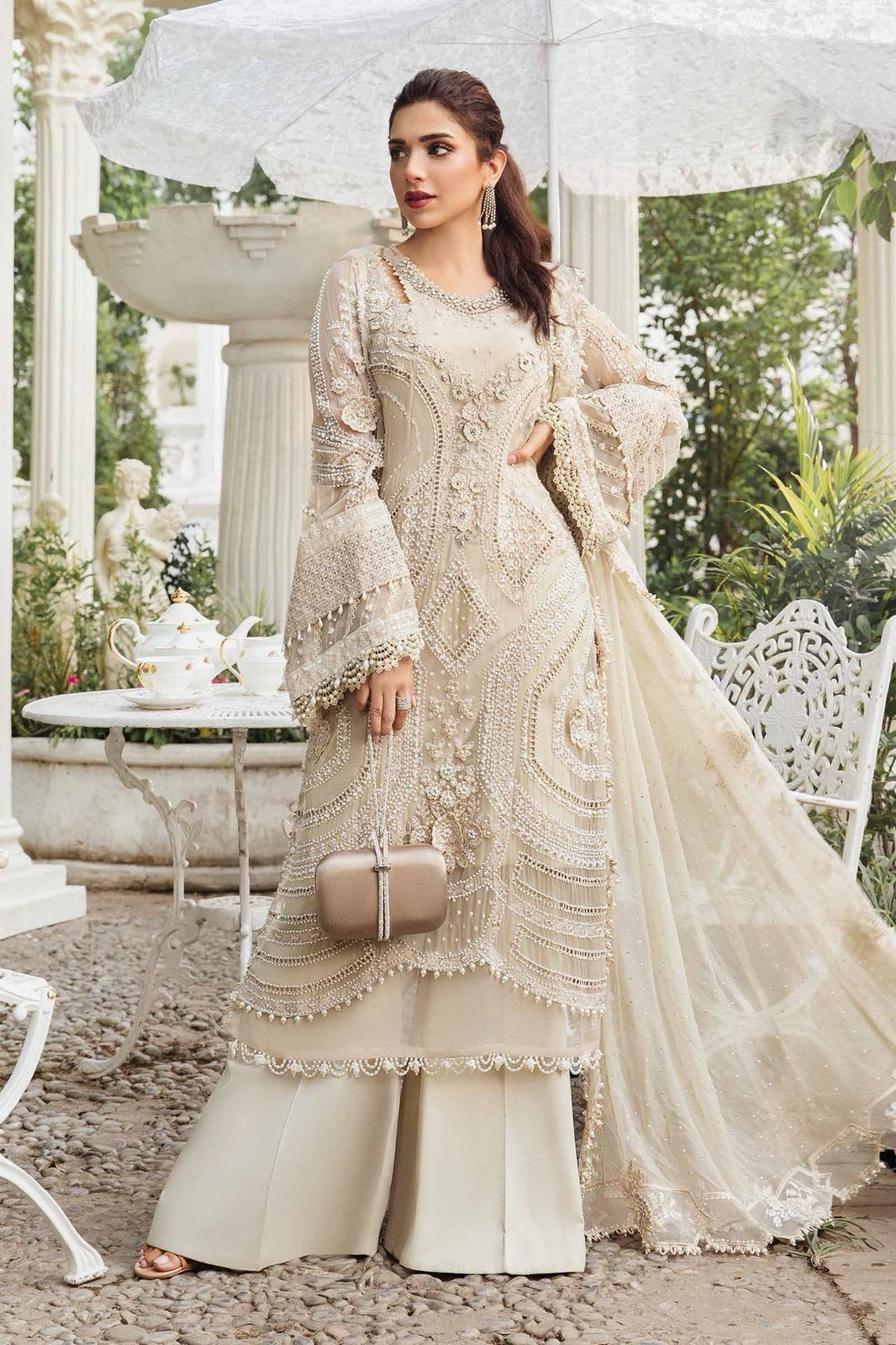 maria b chiffon suit 2025 – heavy embroidered 3pc unstitched dress with dupatta & malai trouser