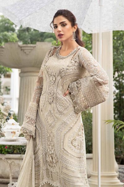 maria b chiffon suit 2025 – heavy embroidered 3pc unstitched dress with dupatta & malai trouser
