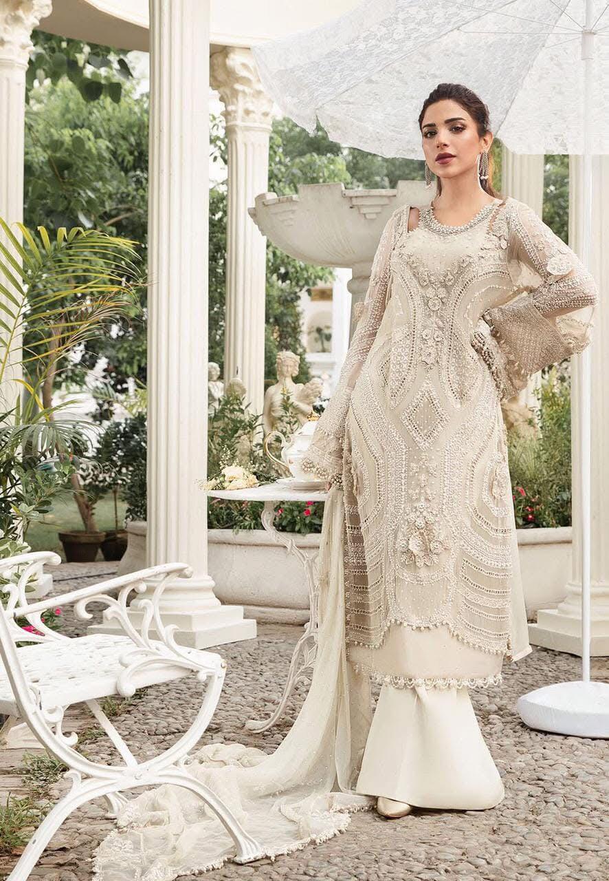 maria b chiffon suit 2025 – heavy embroidered 3pc unstitched dress with dupatta & malai trouser
