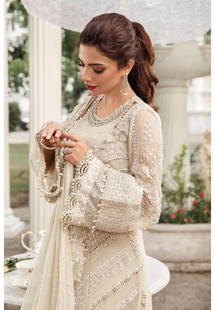 maria b chiffon suit 2025 – heavy embroidered 3pc unstitched dress with dupatta & malai trouser