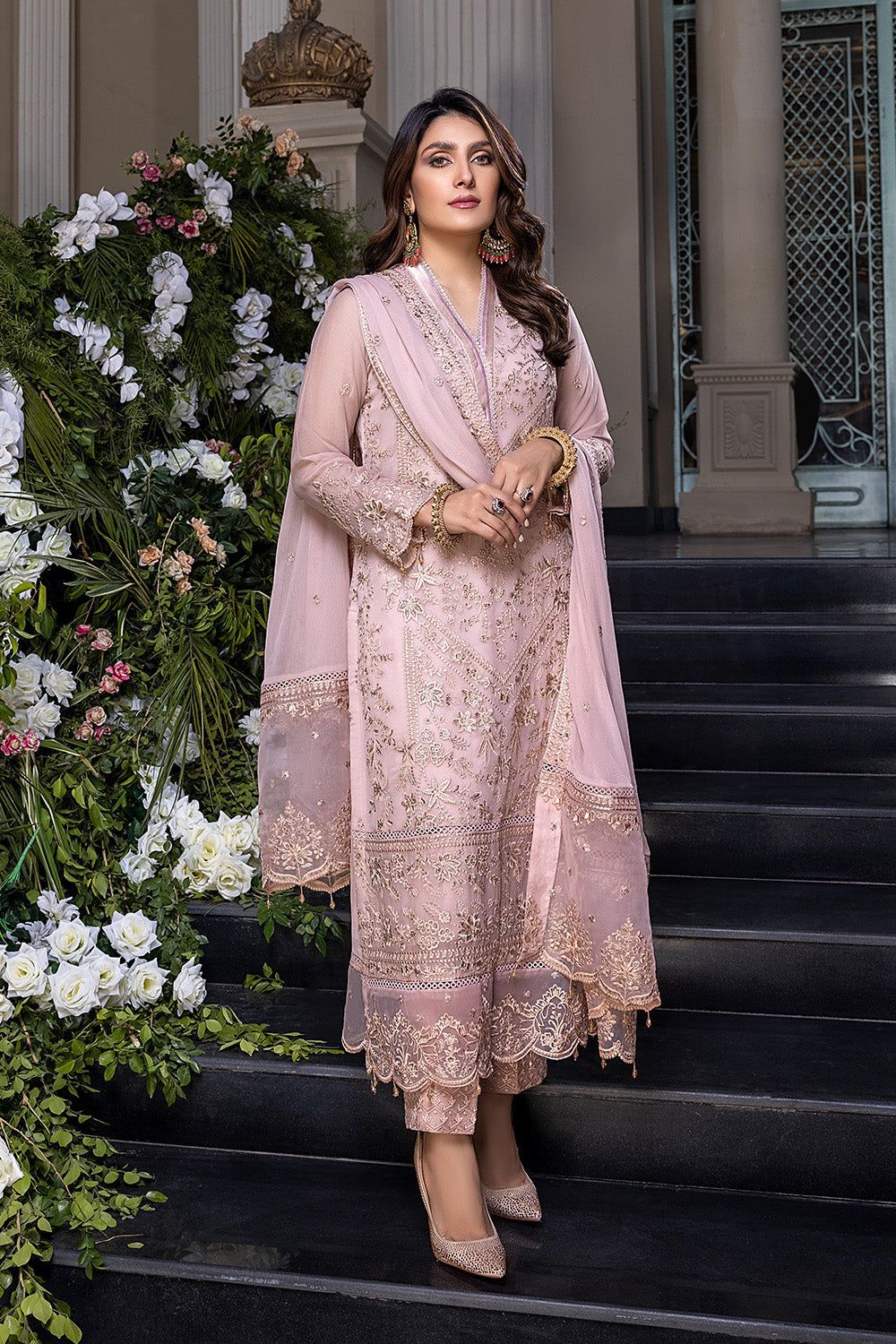 azure unstitched chiffon suit with malai trouser – full embroidered front & dupatta