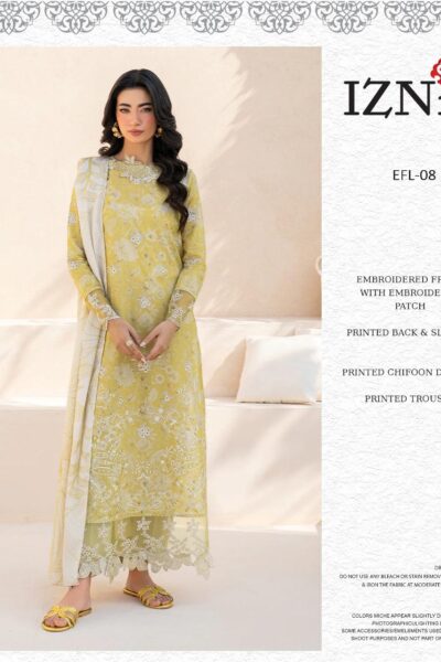 iznik unstitched lawn suit with chiffon dupatta & embroidery