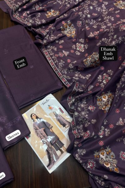 tana bana winter 2025 hit code – 3pc dhanak suit with heavy embroidered shawl