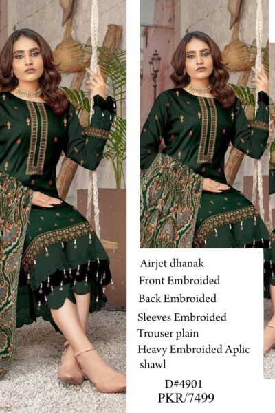 bareeze winter collection 2025 – premium dhanak embroidered 3pc suit with full heavy appliqué shawl