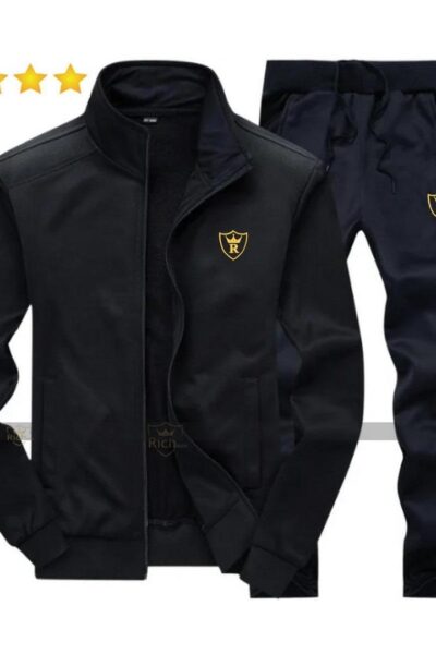 men’s fleece track suit – 2 pcs black | plain collar winter outfi