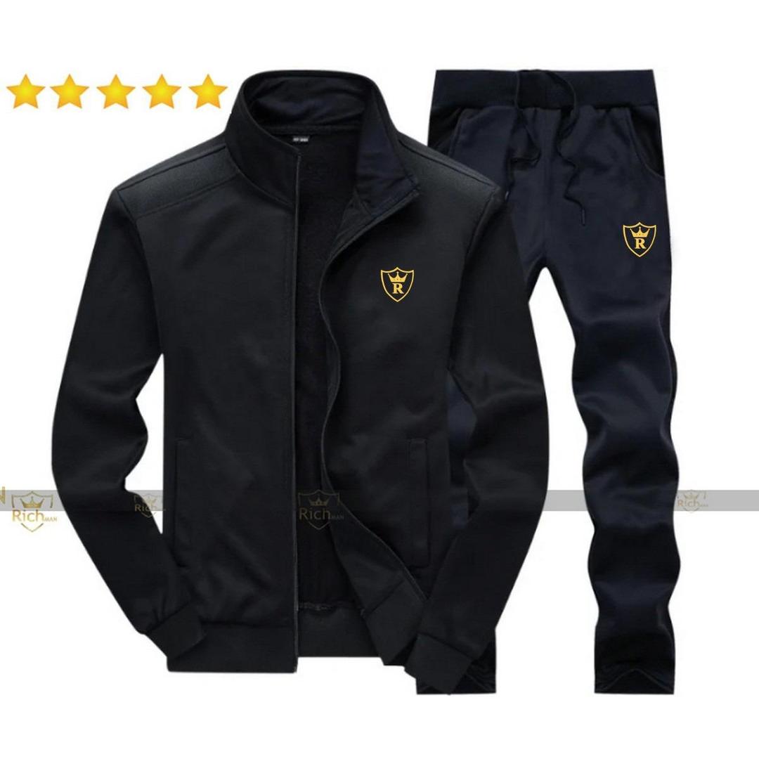 men’s fleece track suit – 2 pcs black | plain collar winter outfi